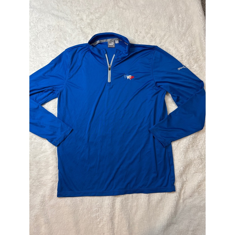 Puma Quarter Zip Pullover Men Large Blue Excellent Long Sleeve Flag Graphic